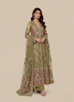 Crimson Saira Shakira Sucha Gota Lime Wedding Collection Embroidered Suit with gold tarkaashi, pink and gold floral embroidery on lime green organza, and a matching embroidered organza dupatta, worn by a female model.
