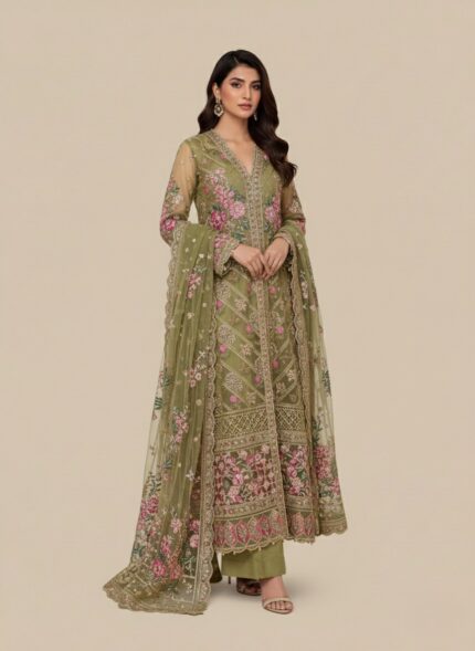 Crimson Saira Shakira Sucha Gota Lime Wedding Collection Embroidered Suit with gold tarkaashi, pink and gold floral embroidery on lime green organza, and a matching embroidered organza dupatta, worn by a female model.