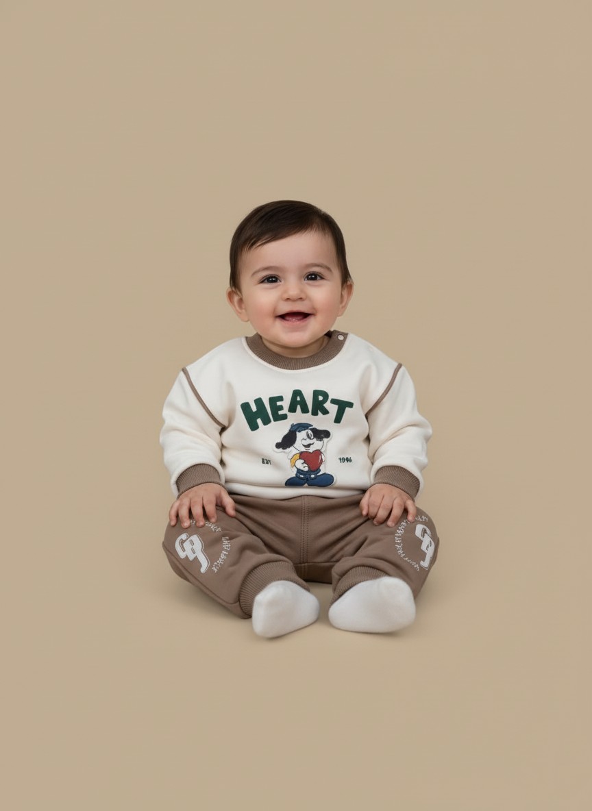 Cute Baby Heart Dog Sweater and Jogger Set A happy baby sitting and smiling, dressed in a cream long-sleeve sweater with a "HEART" text and a dog graphic holding a heart, paired with brown jogger pants with white graphics on the knees. This is the Baby Heart Dog Sweater Set.