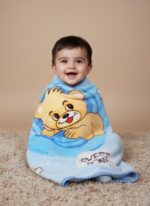 Cute blue baby soft blanket with a cartoon bear illustration, made from plush fleece material.