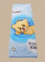 Cute blue baby soft blanket with a cartoon bear illustration, made from plush fleece material.