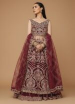 Close-up view of the unstitched Deep Pink Organza Embroidered Wedding Dress Material, showcasing the heavy embellishments and intricate panel design.