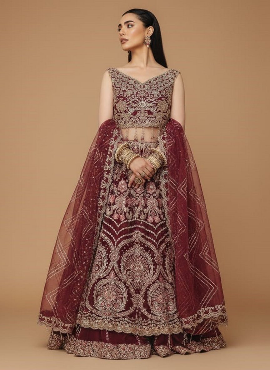 Deep Pink Organza Embroidered Wedding Dress Material Unstitched - 1 Close-up view of the unstitched Deep Pink Organza Embroidered Wedding Dress Material, showcasing the heavy embellishments and intricate panel design.