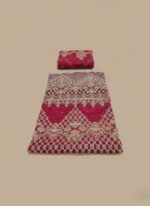 Close-up view of the unstitched Deep Pink Organza Embroidered Wedding Dress Material, showcasing the heavy embellishments and intricate panel design.