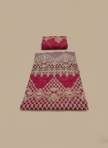 Close-up view of the unstitched Deep Pink Organza Embroidered Wedding Dress Material, showcasing the heavy embellishments and intricate panel design.