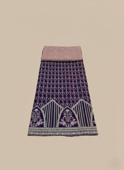 Deep Purple Organza Embroidered Unstitched Suit material featuring heavy silver and pink sequence embroidery on a deep purple fabric, folded neatly with a coordinating pink embroidered dupatta.