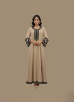 Beige embroidered maxi dress, women's abaya, long sleeve dress, modest fashion, embroidered neckline, embroidered cuffs, elegant maxi.