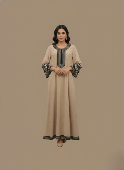 Beige embroidered maxi dress, women's abaya, long sleeve dress, modest fashion, embroidered neckline, embroidered cuffs, elegant maxi.
