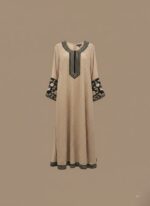 Beige embroidered maxi dress, women's abaya, long sleeve dress, modest fashion, embroidered neckline, embroidered cuffs, elegant maxi.