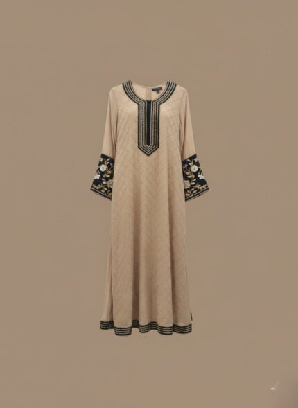 Beige embroidered maxi dress, women's abaya, long sleeve dress, modest fashion, embroidered neckline, embroidered cuffs, elegant maxi.