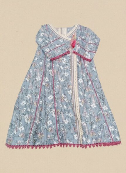 A flat lay showing a blue floral printed khaddar Angrakha style kurta with white and pink floral designs, pink lace trim, a tassel, and a folded matching printed khaddar dupatta.