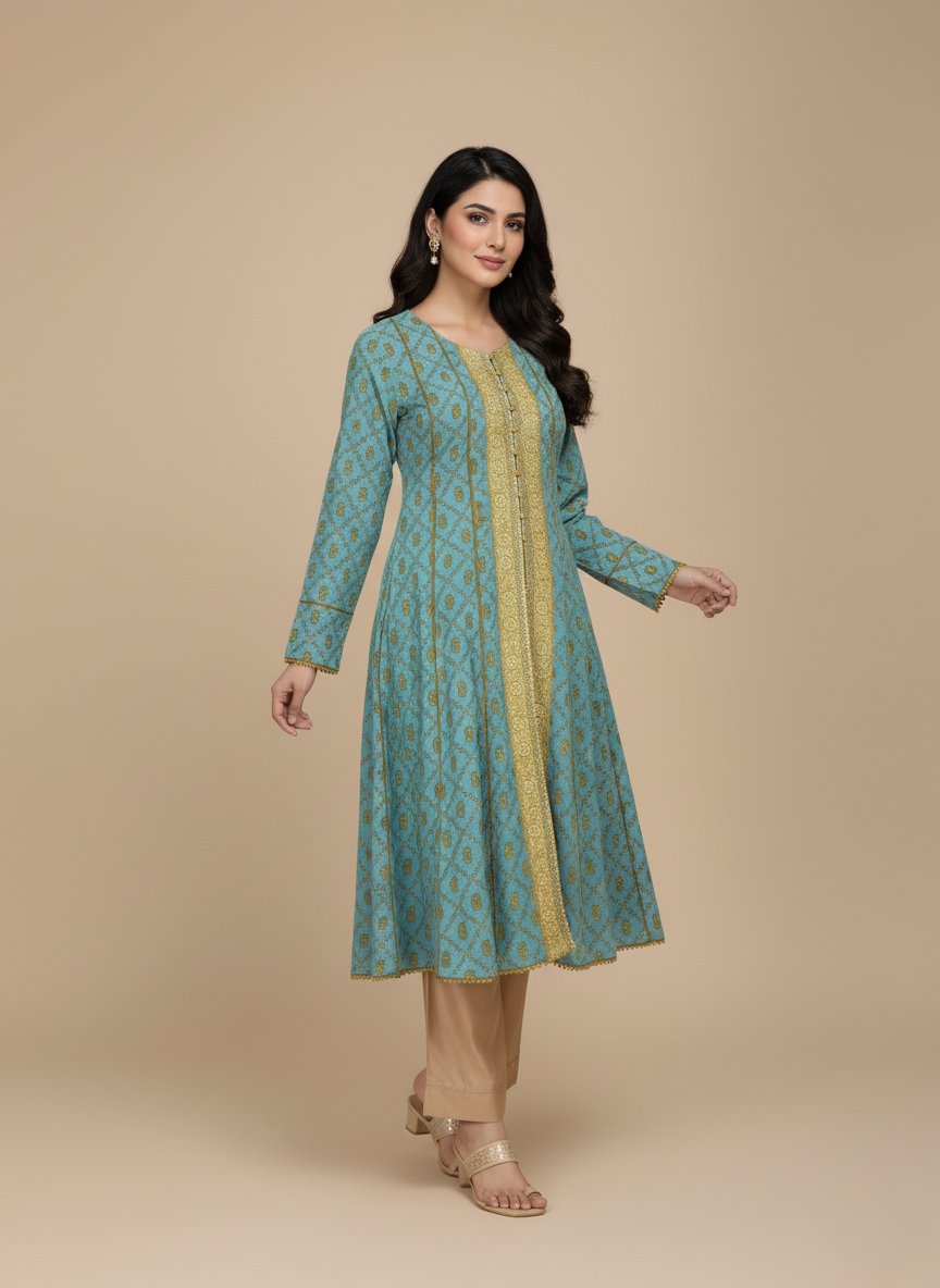 Elegant Blue Printed Women's Frock -1 Blue women's printed frock with golden patterns and intricate detailing, front view on a plain background.