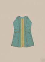 Blue women's printed frock with golden patterns and intricate detailing, front view on a plain background.