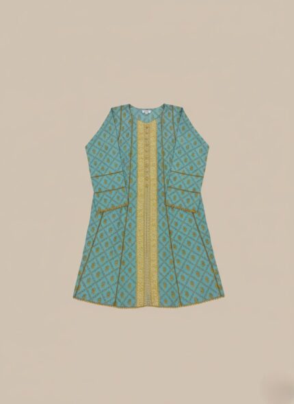 Blue women's printed frock with golden patterns and intricate detailing, front view on a plain background.