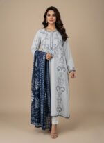 White 3 Piece Lawn Suit with blue embroidery and a blue tie and dye dupatta.