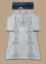 White 3 Piece Lawn Suit with blue embroidery and a blue tie and dye dupatta.