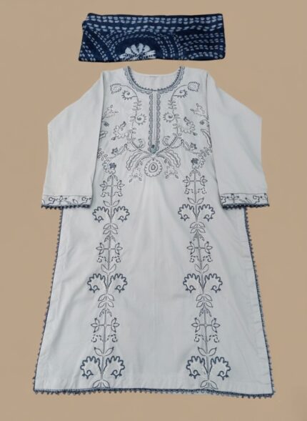 White 3 Piece Lawn Suit with blue embroidery and a blue tie and dye dupatta.