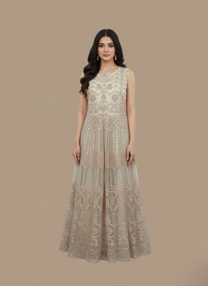 Elegant Embroidered Beige Net Maxi Dress for Women - Sleeveless - 1 Sleeveless embroidered beige net maxi dress with intricate patterns on a neutral background.