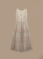 Sleeveless embroidered beige net maxi dress with intricate patterns on a neutral background.