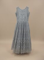 Sleeveless embroidered beige net maxi dress with intricate patterns on a neutral background.