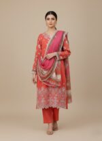 Coral red embroidered 3 piece lawn suit with a printed dupatta.