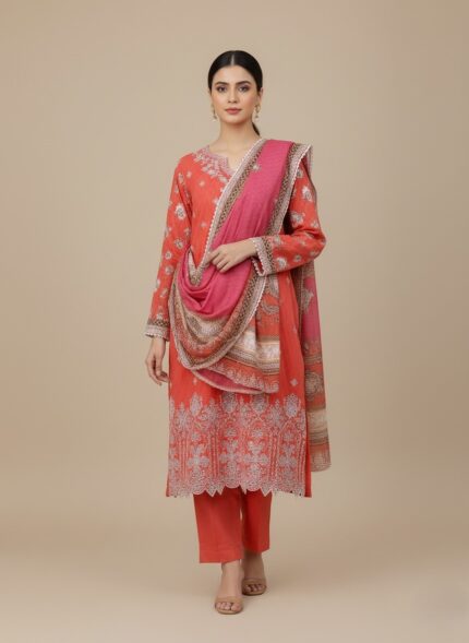Coral red embroidered 3 piece lawn suit with a printed dupatta.