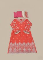 Coral red embroidered 3 piece lawn suit with a printed dupatta.