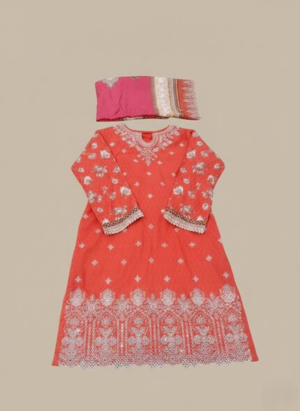 Coral red embroidered 3 piece lawn suit with a printed dupatta.