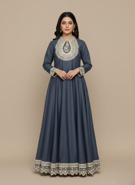 Elegant Embroidered Maxi Dress with intricate neckline and hem embroidery