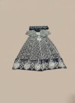 embroidered maxi dress with silver sequins and intricate lace detailing on the hem, accompanied by a matching white dupatta, displayed on a light brown background.