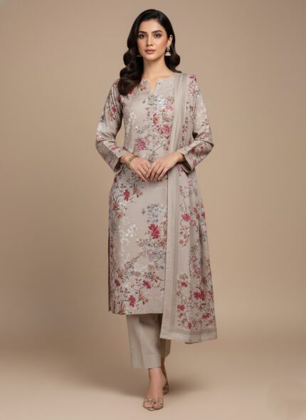Full-length image of a woman wearing a beige Floral Embroidered Woolen Suit with red and pink floral patterns. The suit is unstitched, featuring a long shirt, trousers, and a dupatta, all made of warm wool fabric.