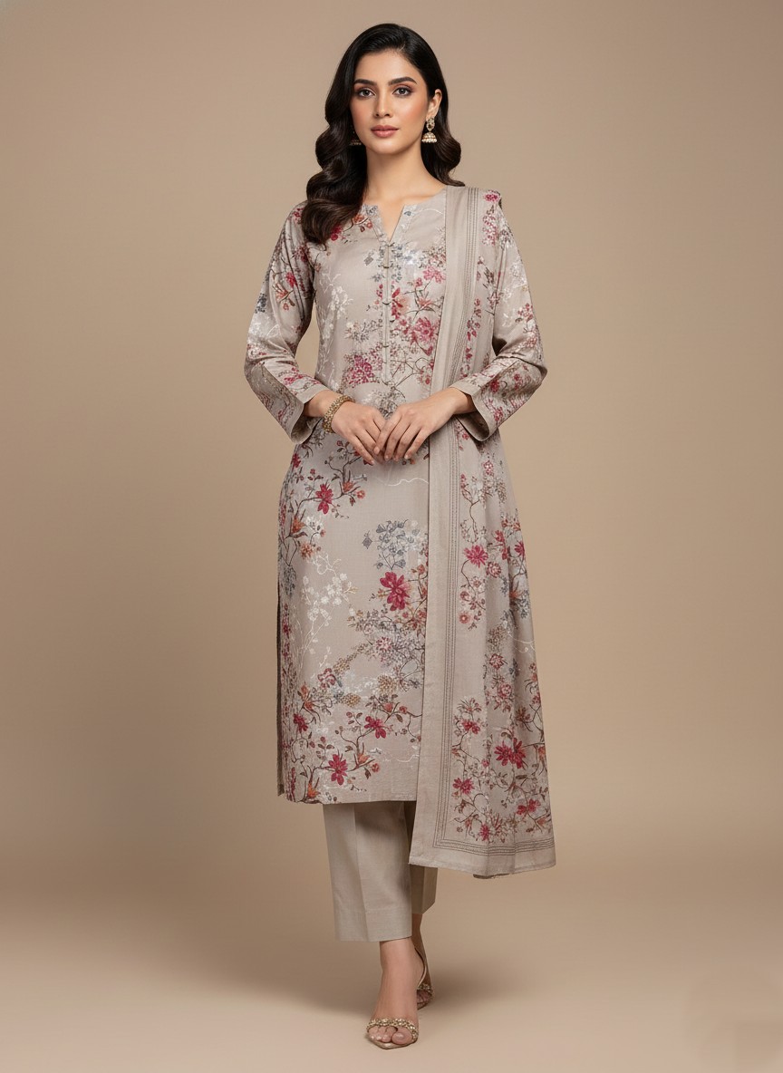 Elegant Floral Embroidered Woolen Unstitched 3-Piece Suit 1 Full-length image of a woman wearing a beige Floral Embroidered Woolen Suit with red and pink floral patterns. The suit is unstitched, featuring a long shirt, trousers, and a dupatta, all made of warm wool fabric.