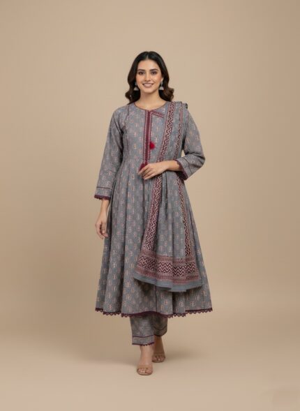 A woman wearing a grey printed khaddar Angrakha style suit with a flared kurta, matching printed trousers, and a coordinating printed khaddar dupatta. The suit features maroon and off-white block prints and a decorative tassel.
