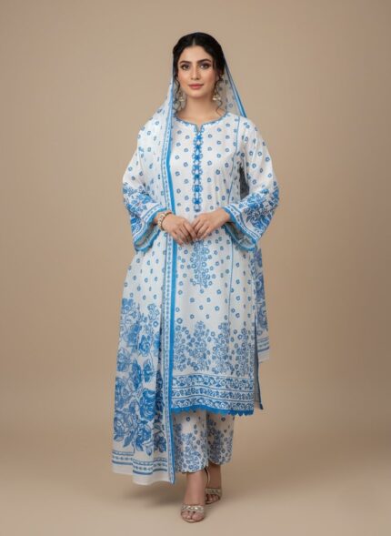 Folded white unstitched fabric with a blue hand-painted floral pattern and small blue flowers scattered across, ready for custom clothing creation.