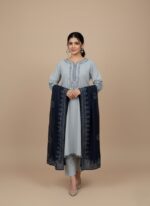 Kashmiri embroidery 3-piece lawn suit in grey with embroidered neckline and sleeves, matching grey trousers, and a navy digital print dupatta.