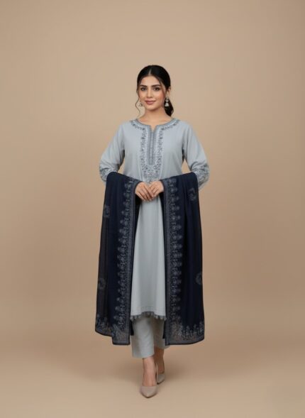 Kashmiri embroidery 3-piece lawn suit in grey with embroidered neckline and sleeves, matching grey trousers, and a navy digital print dupatta.