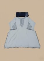 Kashmiri embroidery 3-piece lawn suit in grey with embroidered neckline and sleeves, matching grey trousers, and a navy digital print dupatta.