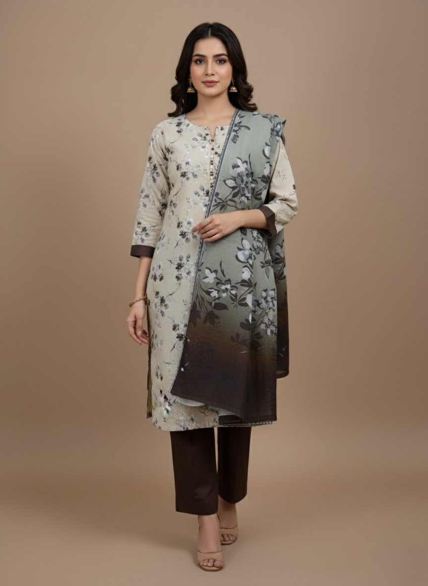 Elegant peach leather 3 Piece Unstitched Suit -1 peach leather 3 Piece Unstitched Suit with floral print shirt and gradient floral dupatta on a beige background.