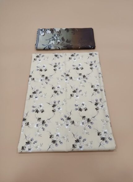 Khaddar 3 Piece Unstitched Suit with floral print shirt and gradient floral dupatta on a beige background.