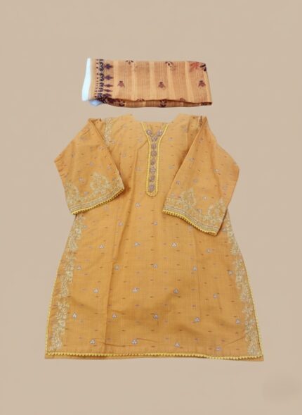 Overhead flat lay of a mustard embroidered cotton kurta and a folded printed dupatta.