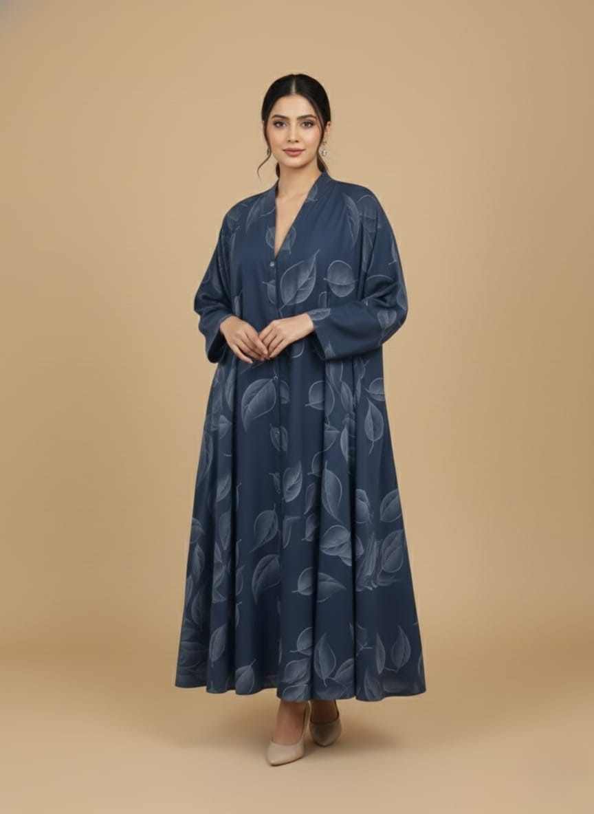 Elegant Navy Leaf Print Abaya A woman wearing a navy blue abaya with a subtle leaf print and a button-front closure. The abaya has a flowing silhouette.