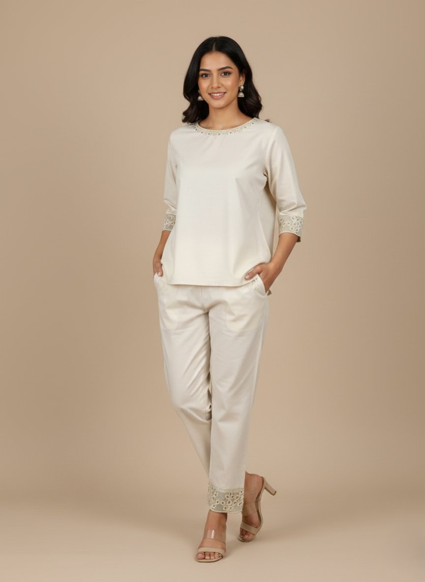 Elegant Off-White Women's Embroidered Trouser - Stylish & Comfortable - 1 Off-white Women's Embroidered Trouser with intricate floral embroidery on the hem, lying flat against a beige background, highlighting the detail and fabric.