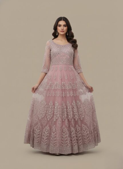 Elegant pink maxi dress with silver embroidery and sequin details, suitable for formal events and parties.