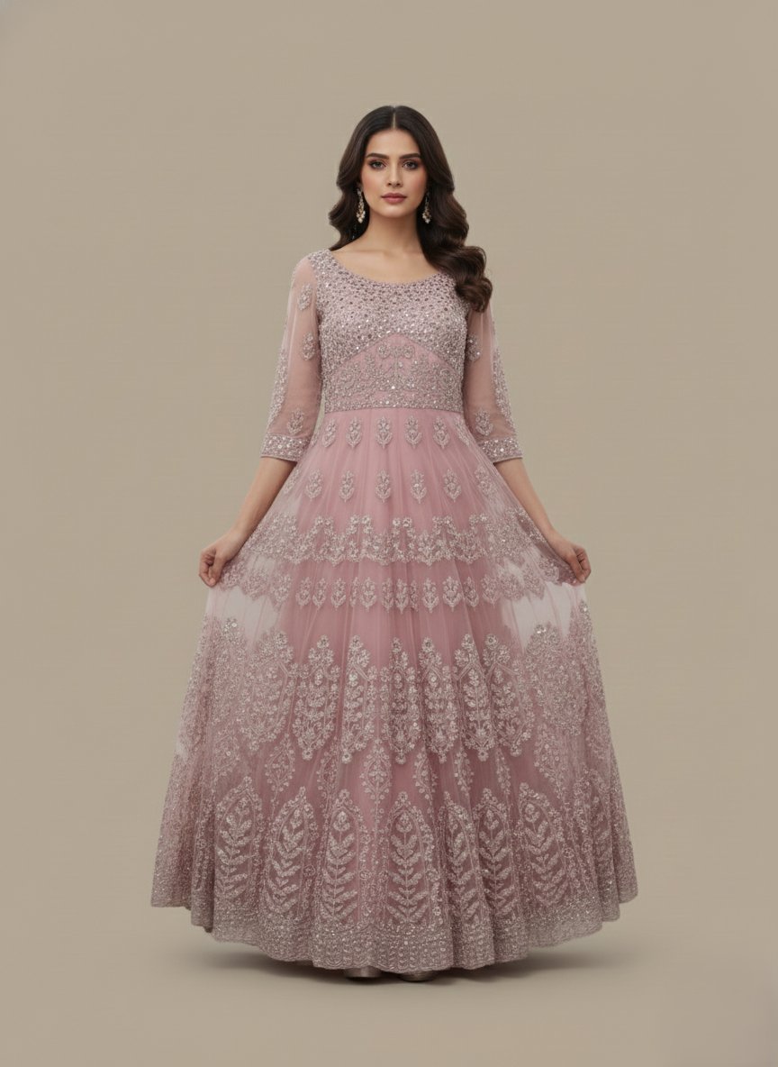 Elegant Pink Embroidered Maxi Dress for Women - 1 Elegant pink maxi dress with silver embroidery and sequin details, suitable for formal events and parties.
