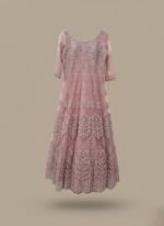 Elegant pink maxi dress with silver embroidery and sequin details, suitable for formal events and parties.