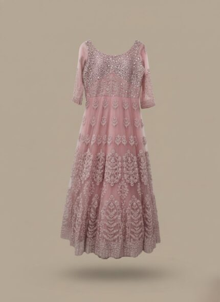 Elegant pink maxi dress with silver embroidery and sequin details, suitable for formal events and parties.