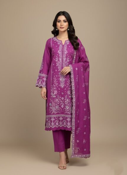 A woman wearing a vibrant purple embroidered lawn suit with a long-sleeved shirt and matching trousers and dupatta. The suit features detailed white floral embroidery and scalloped edges.