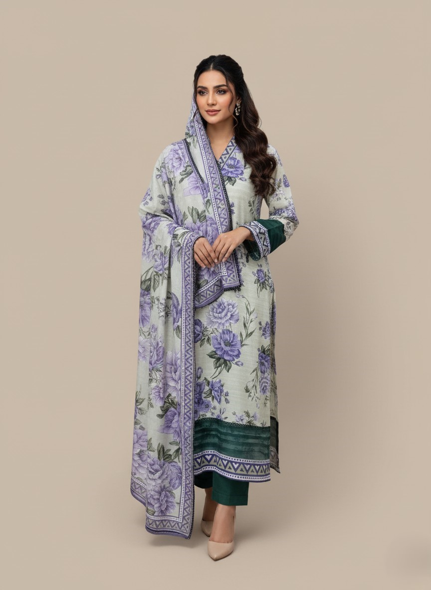 Elegant Purple Floral Printed Lawn Dress with Contrasting Green Accents & Dupatta Model in a purple floral printed lawn dress, a three-piece summer collection with green contrasting hem and cuffs, and a matching purple floral patterned dupatta.