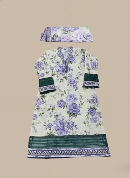 Model in a purple floral printed lawn dress, a three-piece summer collection with green contrasting hem and cuffs, and a matching purple floral patterned dupatta.