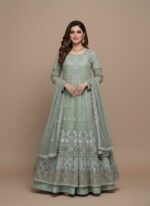 Sage green embroidered net Anarkali maxi gown with silver work and matching dupatta, displayed flat.